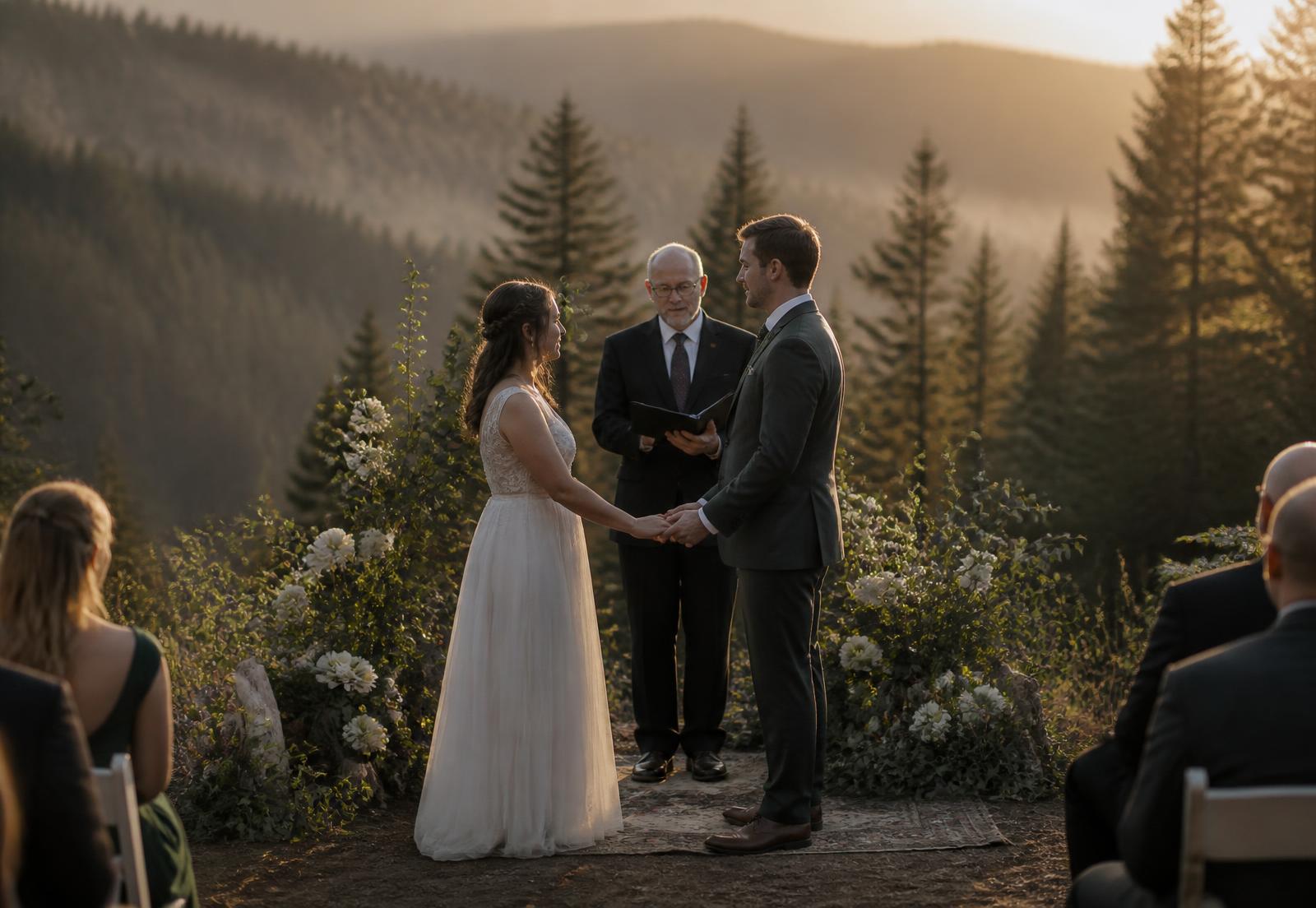 A couple holding hands during an outdoor Oregon wedding ceremony at golden hour