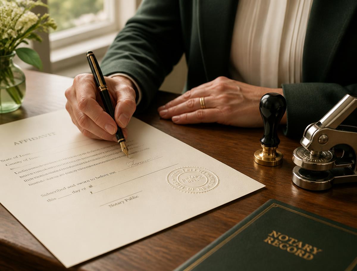 Hands signing a document beside a notary stamp and embosser